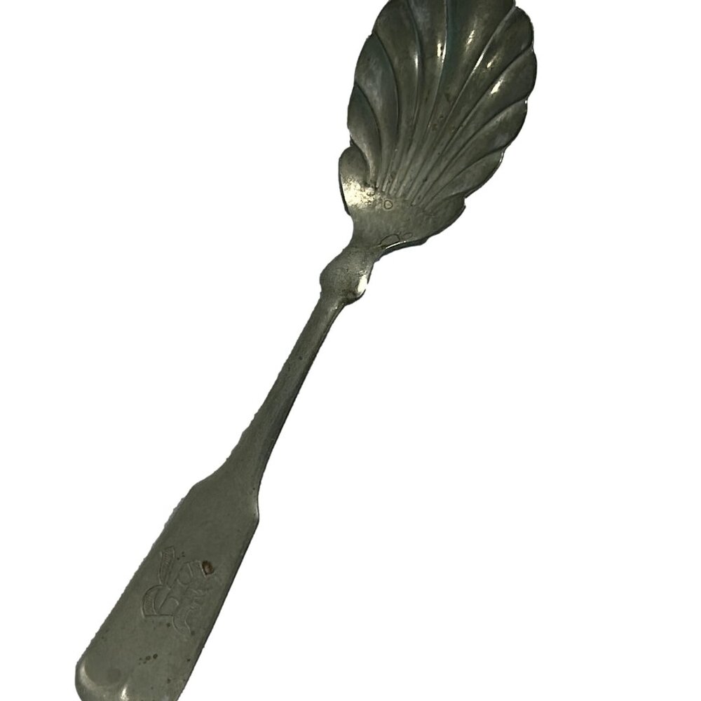 Vintage Brazil Silver Sugar Spoon Monogram Shell Shape 5.5" Long Silverplate